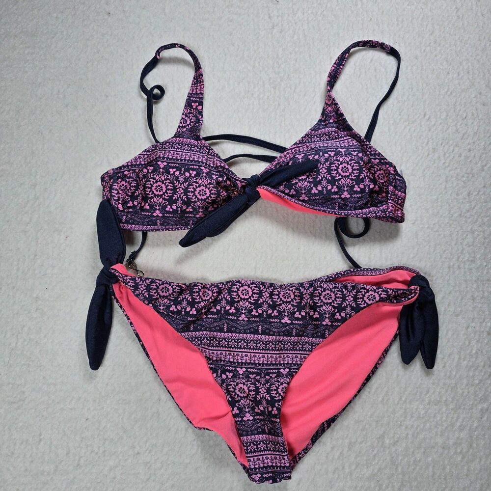 Heat Pink And Blue Geometric 2 pc Bikini Swimsuit Triangle Top Small Bottoms Med